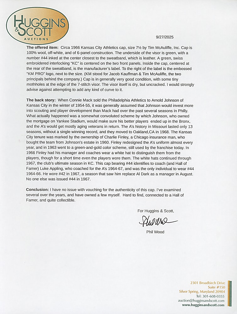 1966 Luke Appling Kansas City Athletics Game-Used Cap with Phil Wood LOA - Rare Style