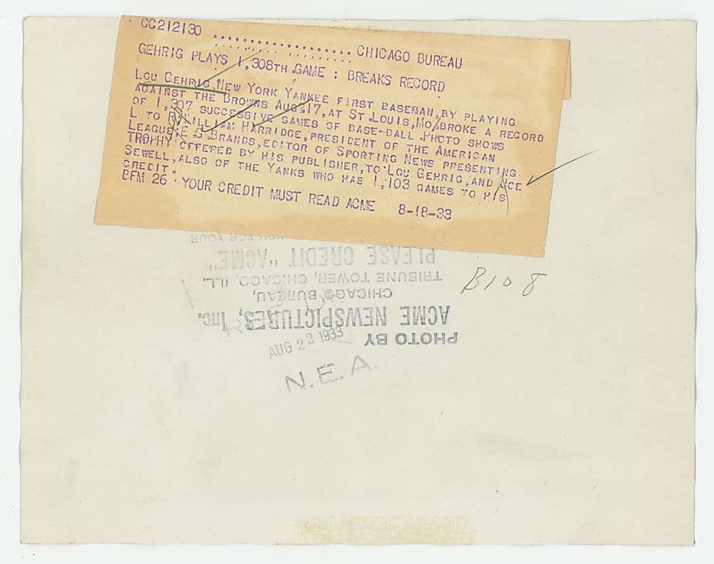 1933 Acme Newspictures Lou Gehrig Record Setting 1.308th Consecutive Game Played Type III Photograph