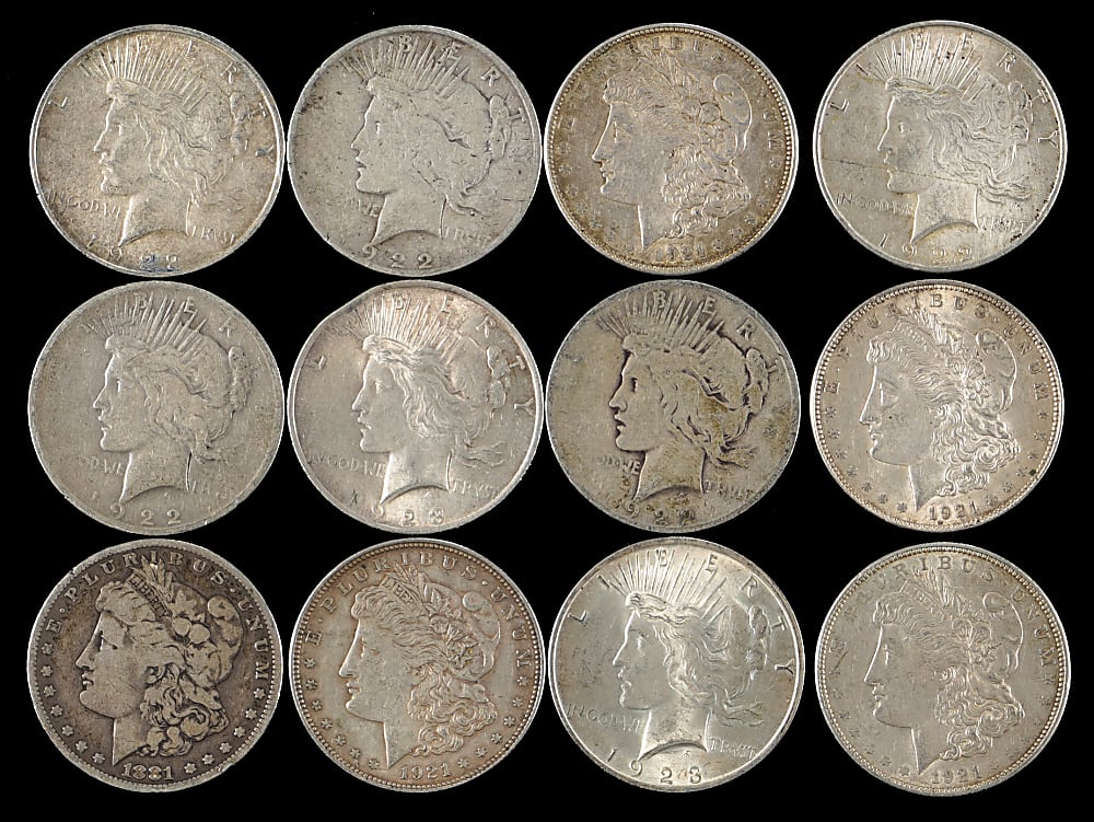 1881-2007 U.S. $1 Coins (56) with Morgan Silver Coins (8) & Peace Silver Coins (14)