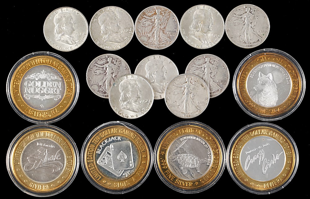 20th Century U.S./Foreign Coins and Paper Currency Collection (150+) with Silver Casino Chips (6) & Silver Half Dollars (29)