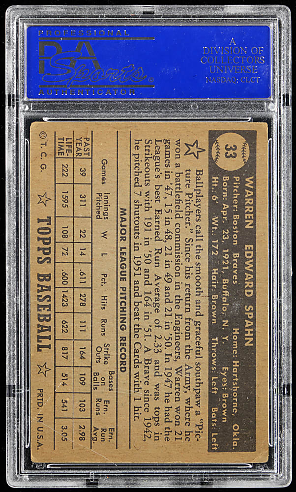 1952 Topps #33 Warren Spahn Black Back PSA VG-EX 4