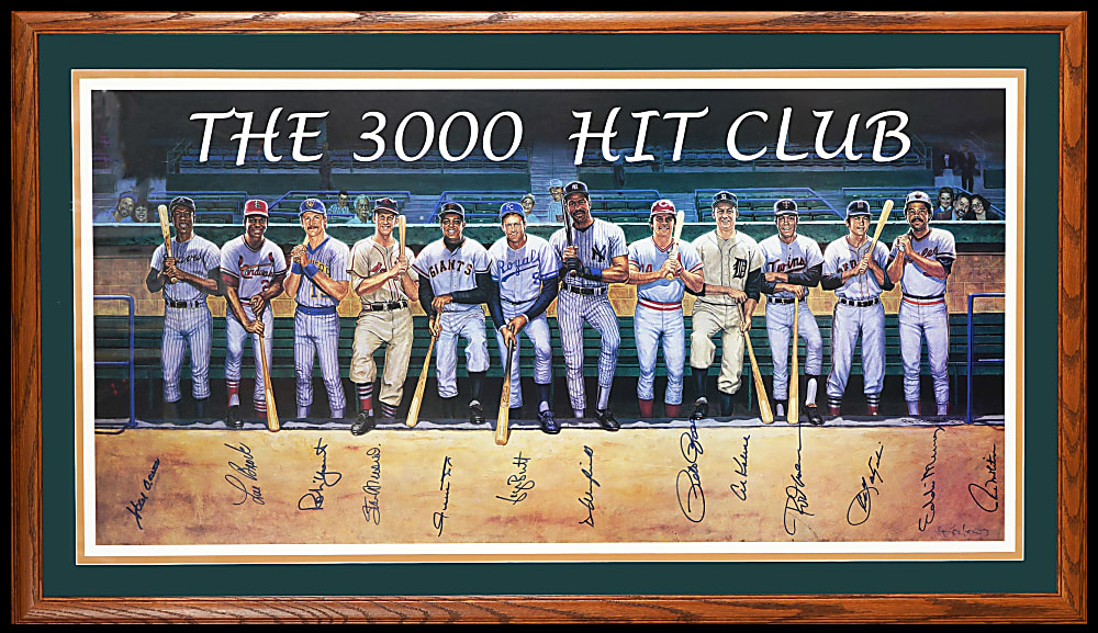 1995 Ron Lewis 3000 Hit Club Print Signed By (13) with Rose, Aaron, Mays & Musial – In Framed Display