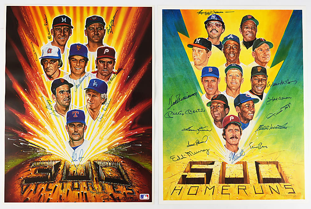 1986-1990 Ron Lewis Multi-Signed Art Prints (2) with 500 Home Run Club & 300 Win Club