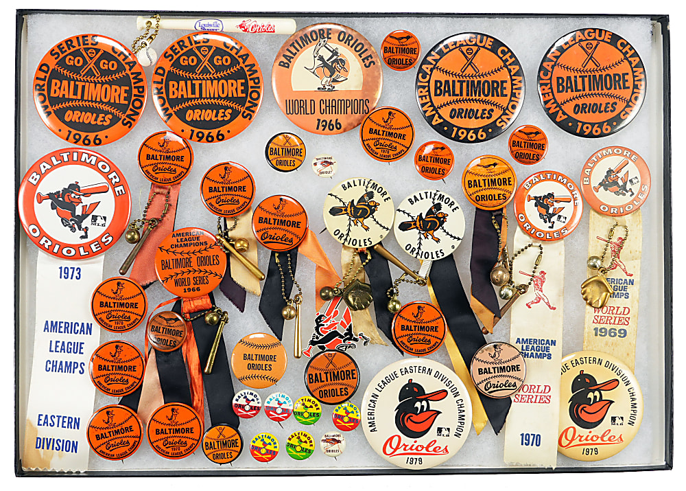 1960s-Modern Baltimore Orioles Pins, Buttons & Trinkets Hoard (70+) with Tougher Examples
