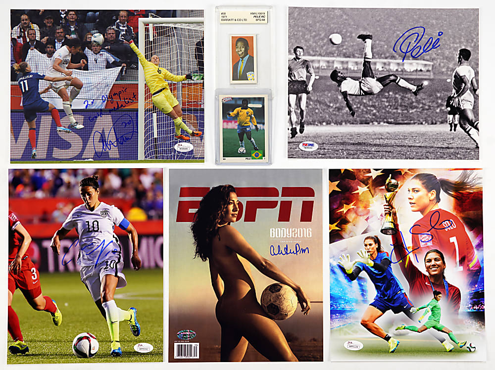Soccer Signed & Card Collection (12) with 1971 Barratt & Co. #30 Pele, Pele Signed 8x10 with PSA COA & USWNT Signed