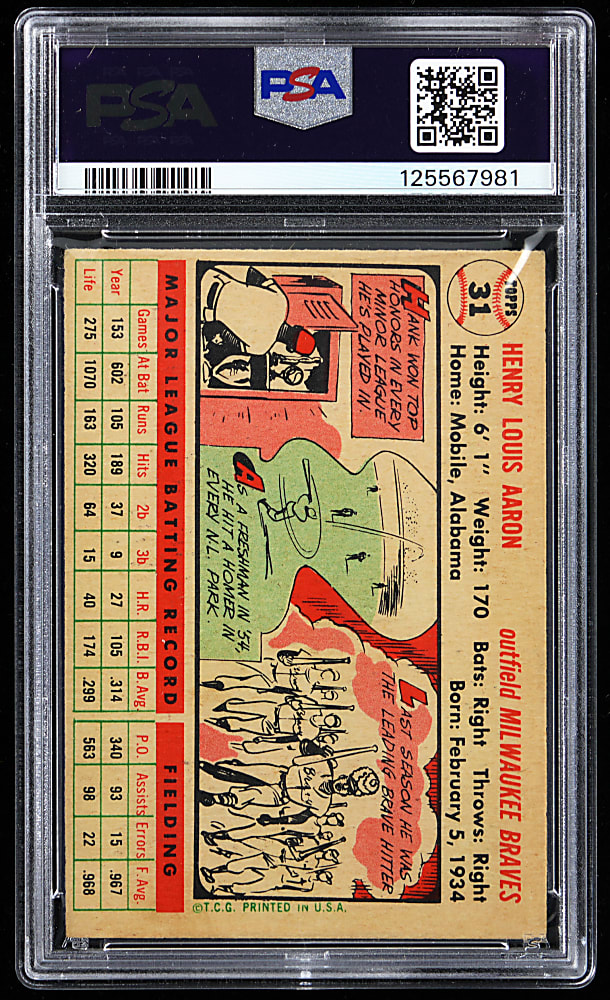1956 Topps #31 Hank Aaron White Back PSA EX-MT 6 (mc)