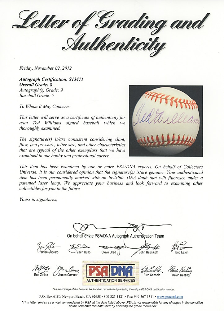 Ted Williams Single-Signed OAL/Brown Baseball - Full PSA/DNA LOA MINT 9 Autograph Grade