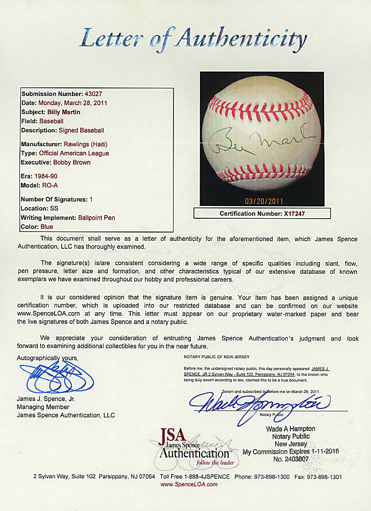 New York Yankees Signed Baseball Group (6) with 1975 Partial Team, Allie Reynolds, Billy Martin - All Certed