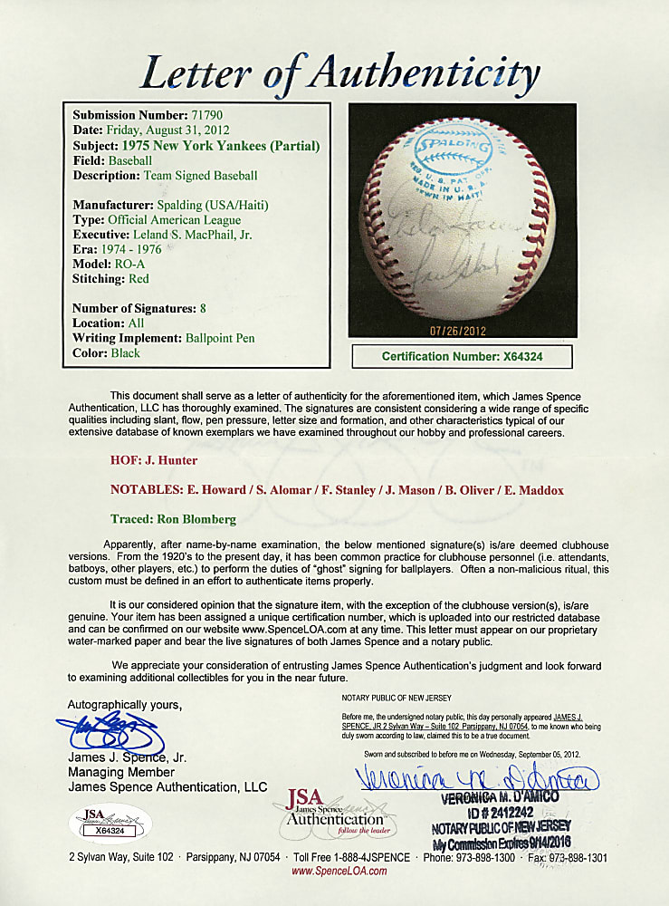 New York Yankees Signed Baseball Group (6) with 1975 Partial Team, Allie Reynolds, Billy Martin - All Certed