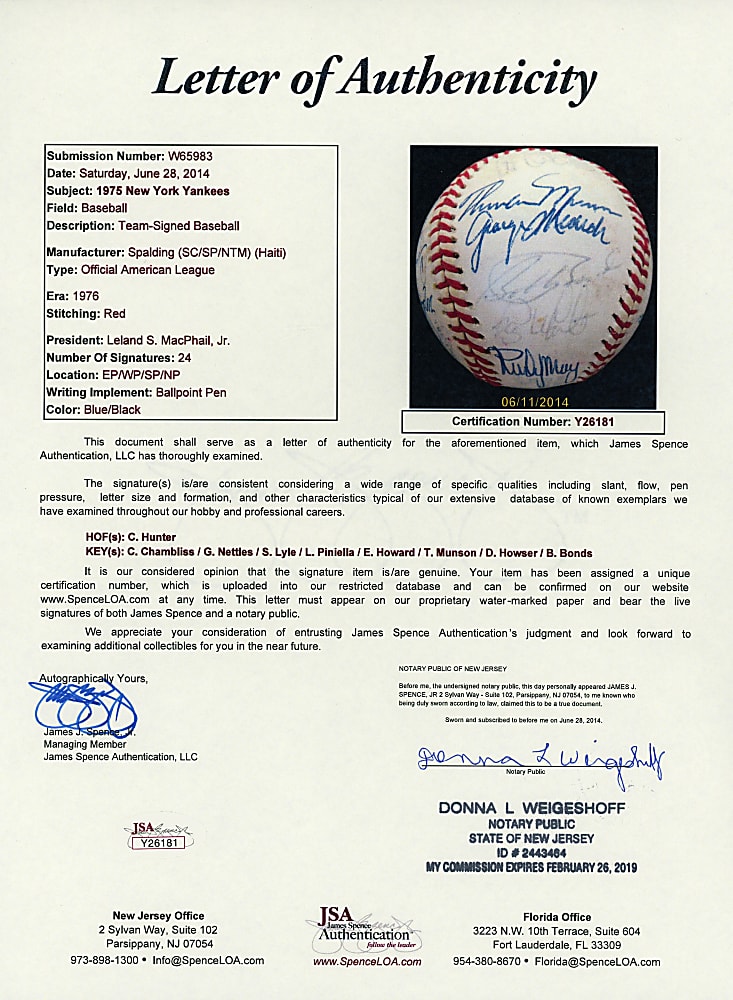 1975 New York Yankees Team-Signed OAL/MacPhail Baseball with (24) Signatures Including Thurman Munson, Catfish Hunter Plus Full JSA LOA