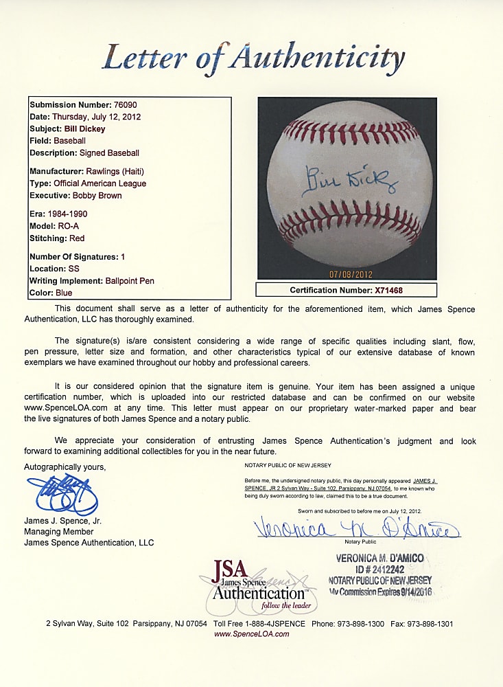 Bill Dickey Single-Signed OAL/Brown Baseball - Full JSA LOA