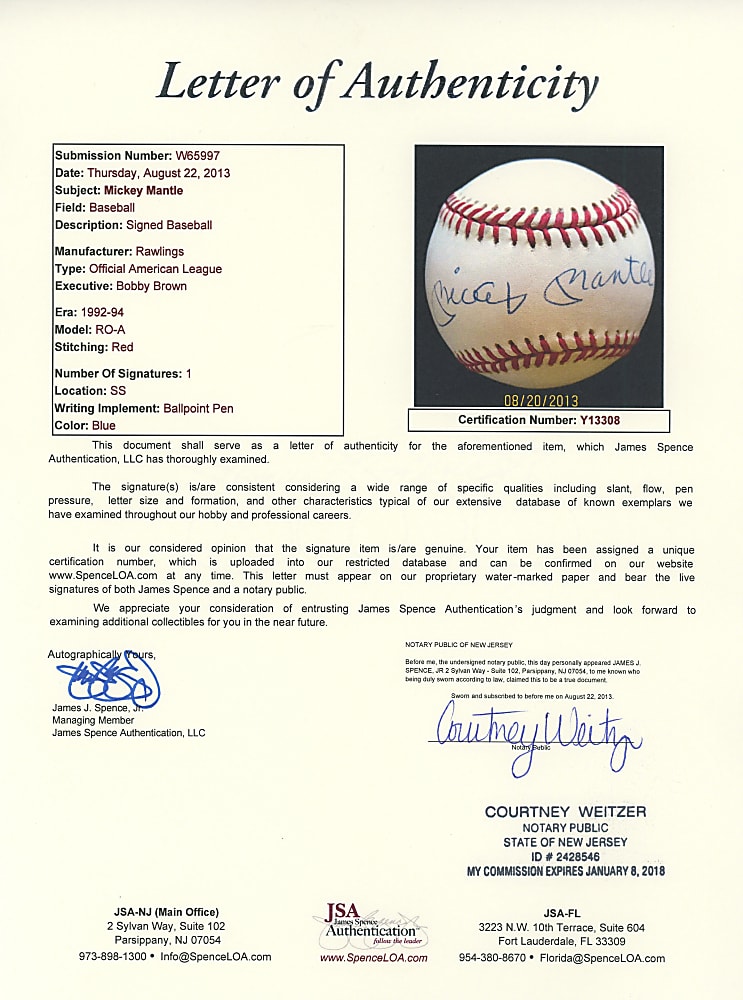 Mickey Mantle Single-Signed OAL/Brown Baseball - Full JSA LOA