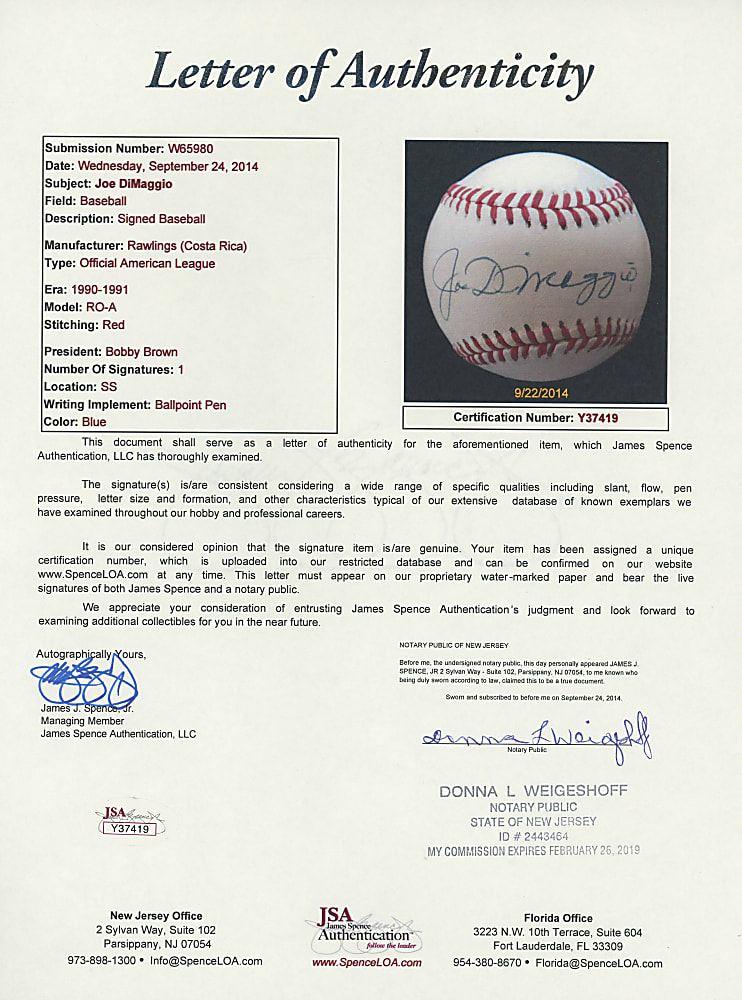 Joe DiMaggio Single-Signed OAL/Brown Baseball - Full JSA LOA