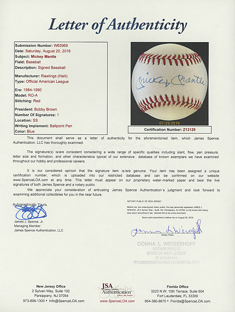 Mickey Mantle Single-Signed OAL/Brown Baseball - Full JSA LOA