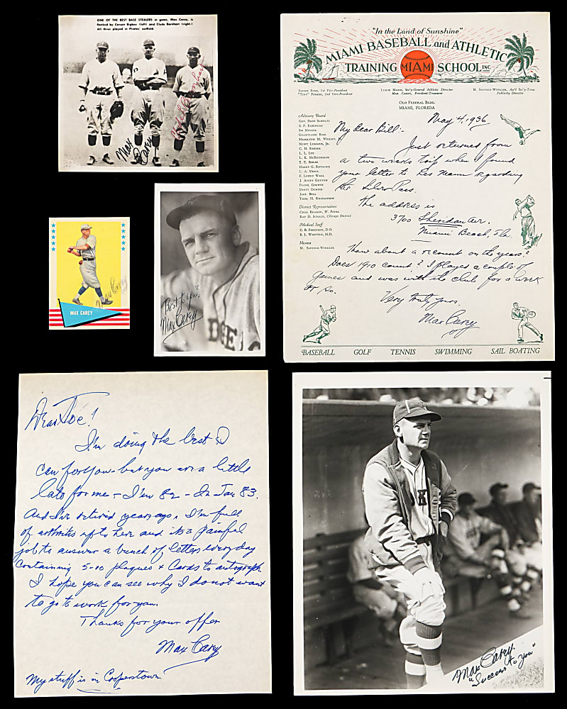 Max Carey Signed Flats (6) from Barry Halper Collection with 1961 Fleer & Two Handwritten Letters with Great Content