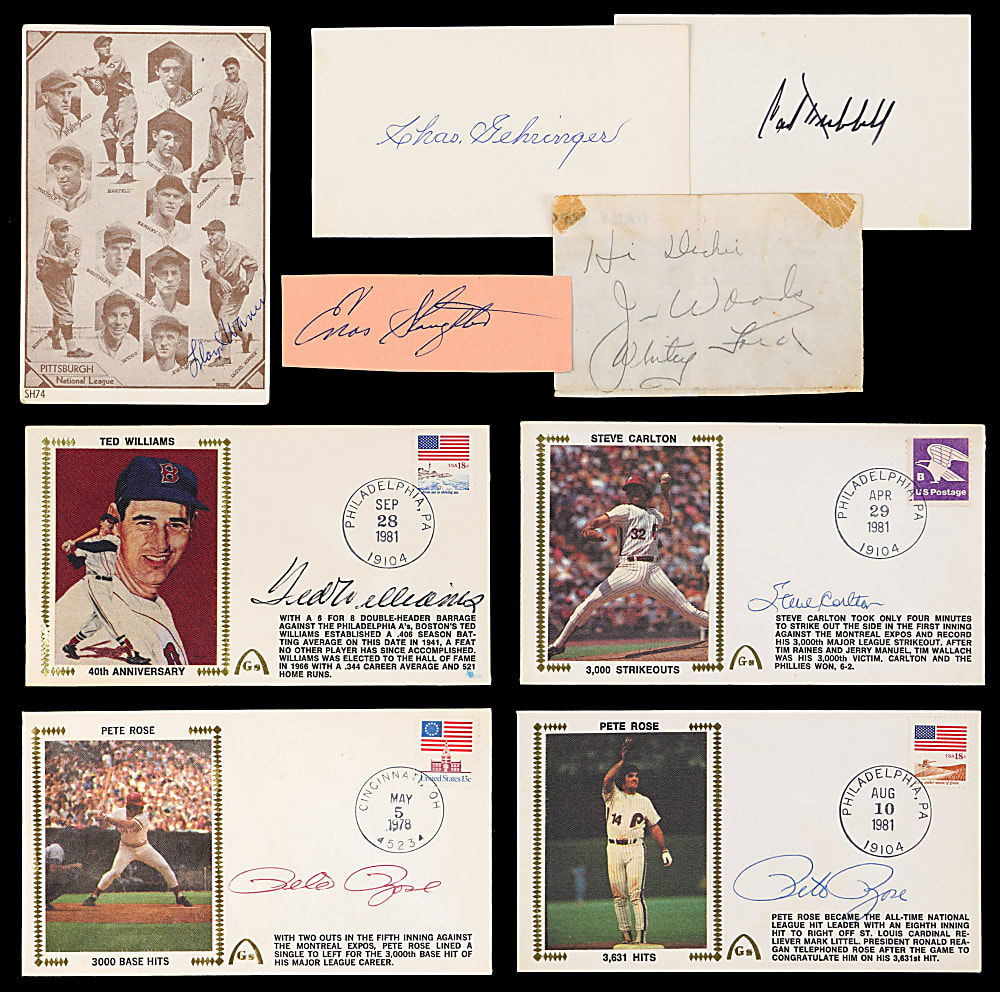 Signed Flats Collection (17) with (13) Hall of Famers Including 1981 Ted Williams First Day Cover