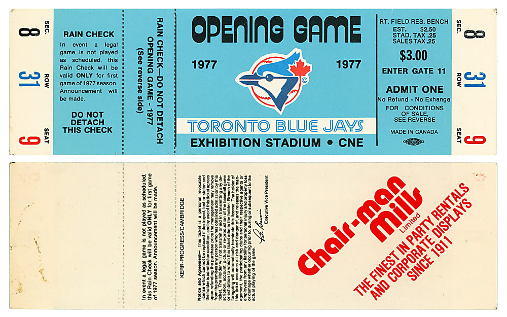 1977 Toronto Blue Jays Opening Game Full Unused Ticket - First MLB Game for Blue Jays