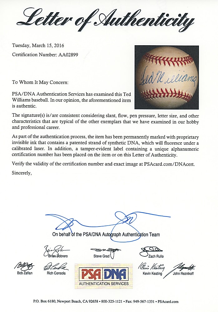 Ted Williams Single-Signed OAL/Brown Baseball with Full PSA LOA