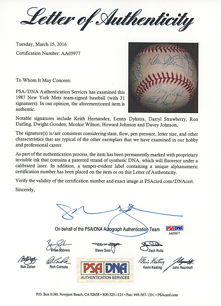 1987 New York Mets Team-Signed ONL/Giamatti Baseball with (31) Signatures Including Strawberry, Gooden, Dykstra, Hernandez Plus Full PSA LOA