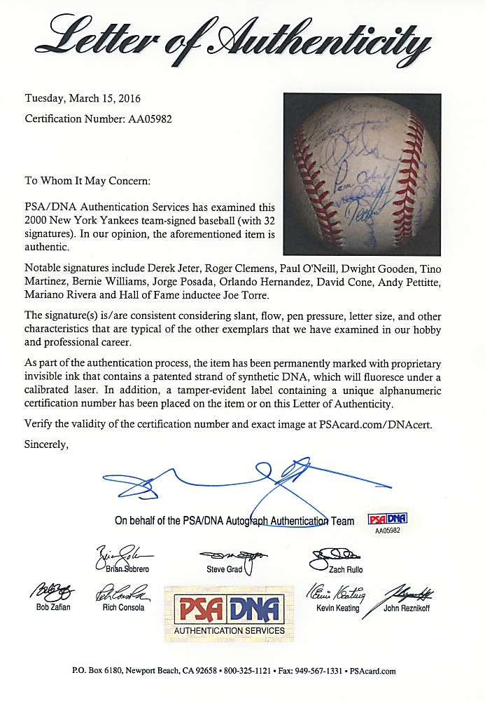 2000 World Series Champions New York Yankees Team-Signed Baseball with (32) Signatures Including Jeter, Rivera, Posada, Pettitte - Full PSA LOA