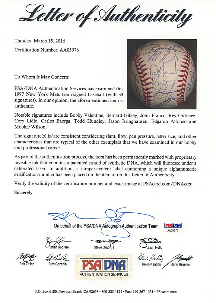 1997 New York Mets Team-Signed ONL/Coleman Baseball with (33) Signatures Plus Full PSA LOA
