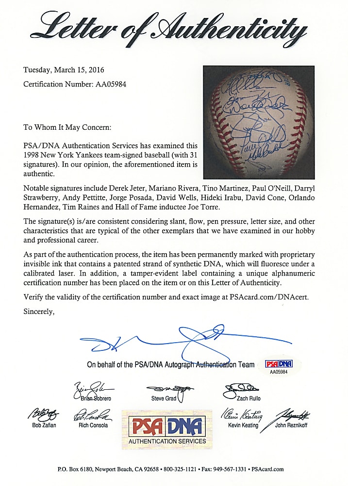 1998 World Series Champions New York Yankees Team-Signed Baseball with (31) Signatures Including Jeter, Rivera, Pettitte, Posada Plus Full PSA LOA