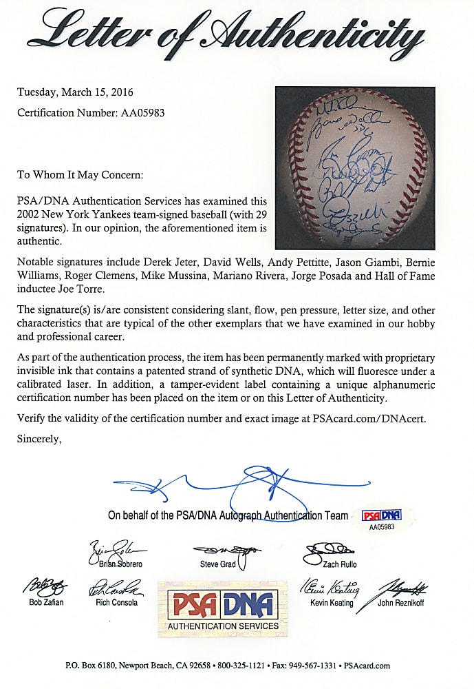 2002 American League East Champions New York Yankees Team-Signed Baseball with (29) Signatures Including Jeter, Giambi, Rivera, Posada Plus Full PSA LOA