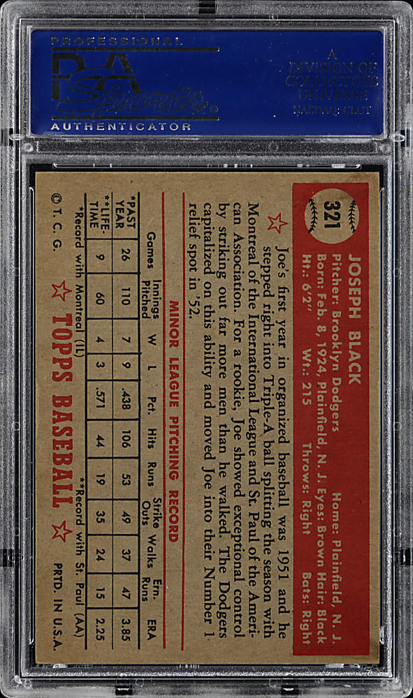 1952 Topps #321 Joe Black Rookie High Number PSA EX-MT 6