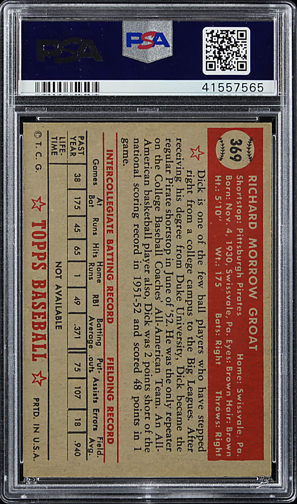 1952 Topps #369 Dick Groat Rookie High Number PSA NM+ 7.5