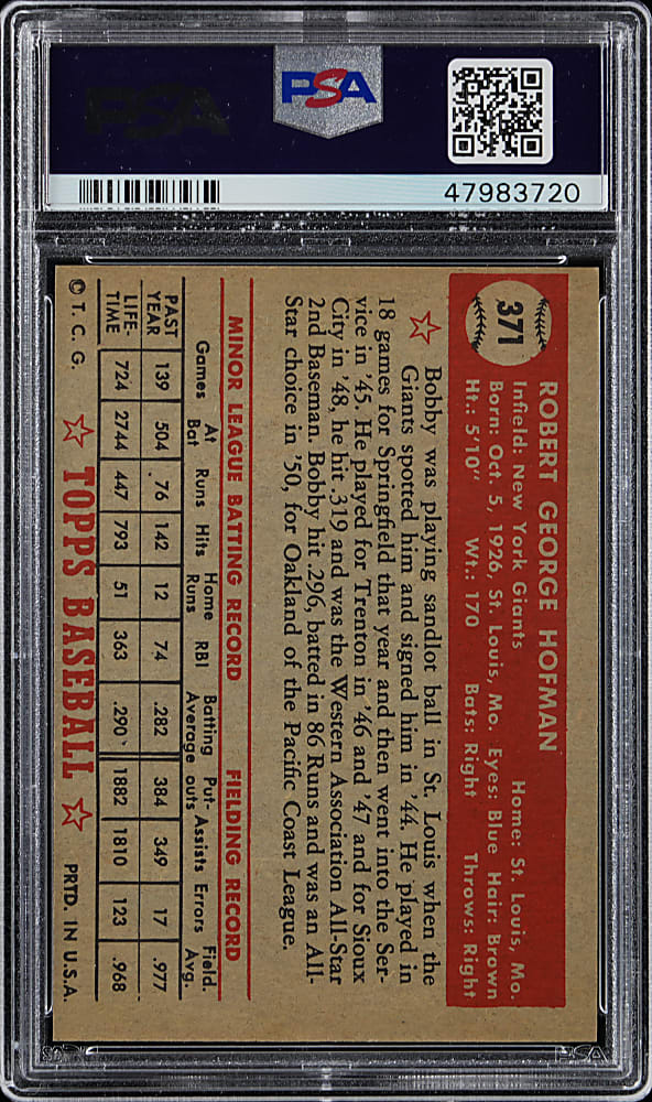 1952 Topps #371 Bob Hofman High Number PSA NM 7