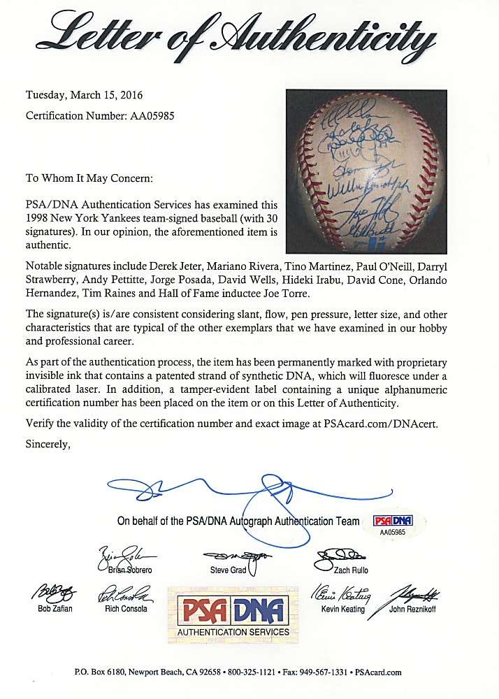 1998 World Champions New York Yankees Team-Signed OAL/Budig Baseball with (30) Signatures Including Jeter, Rivera, Pettitte, Posada Plus Full PSA LOA