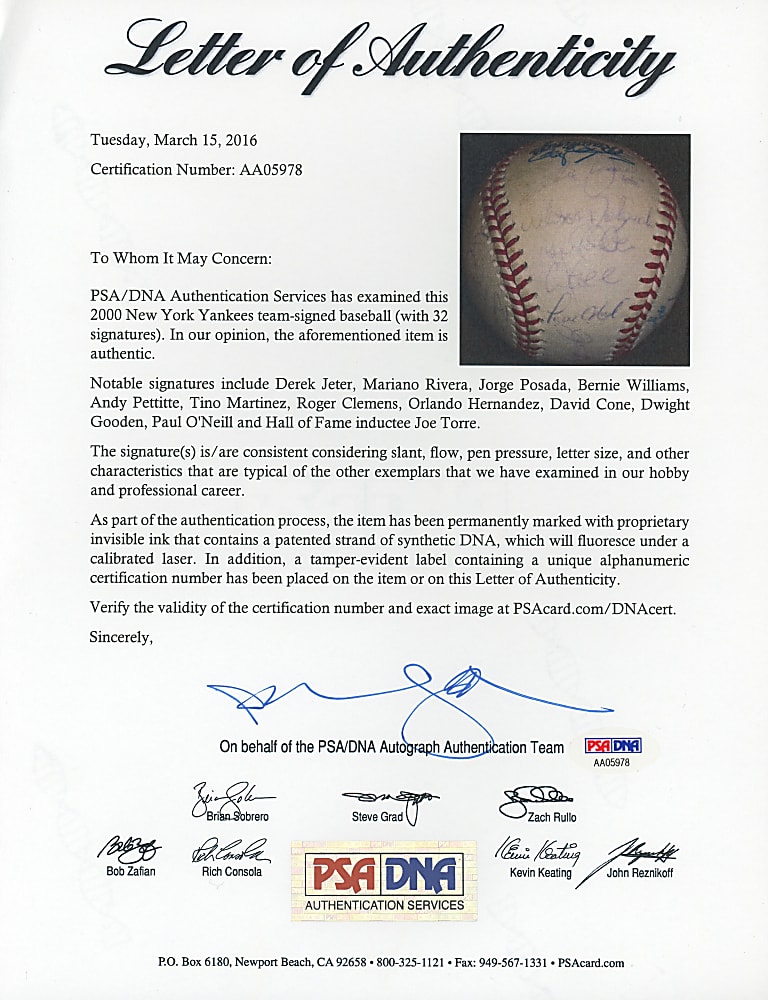 2000 World Champions New York Yankees Team-Signed Baseball with (32) Signatures Including Jeter, Rivera, Posada, Pettitte Plus Full PSA LOA