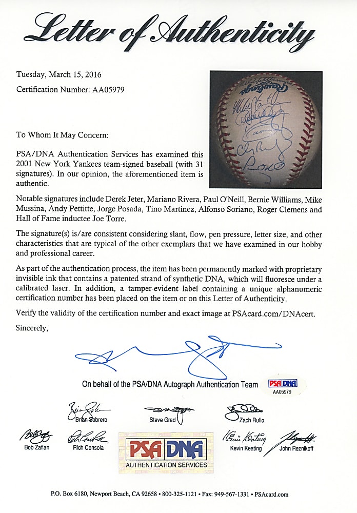2001 American League Champions New York Yankees Team-Signed Baseball with (31) Signatures Including Jeter, Rivera, Mussina, Posada Plus Full PSA LOA