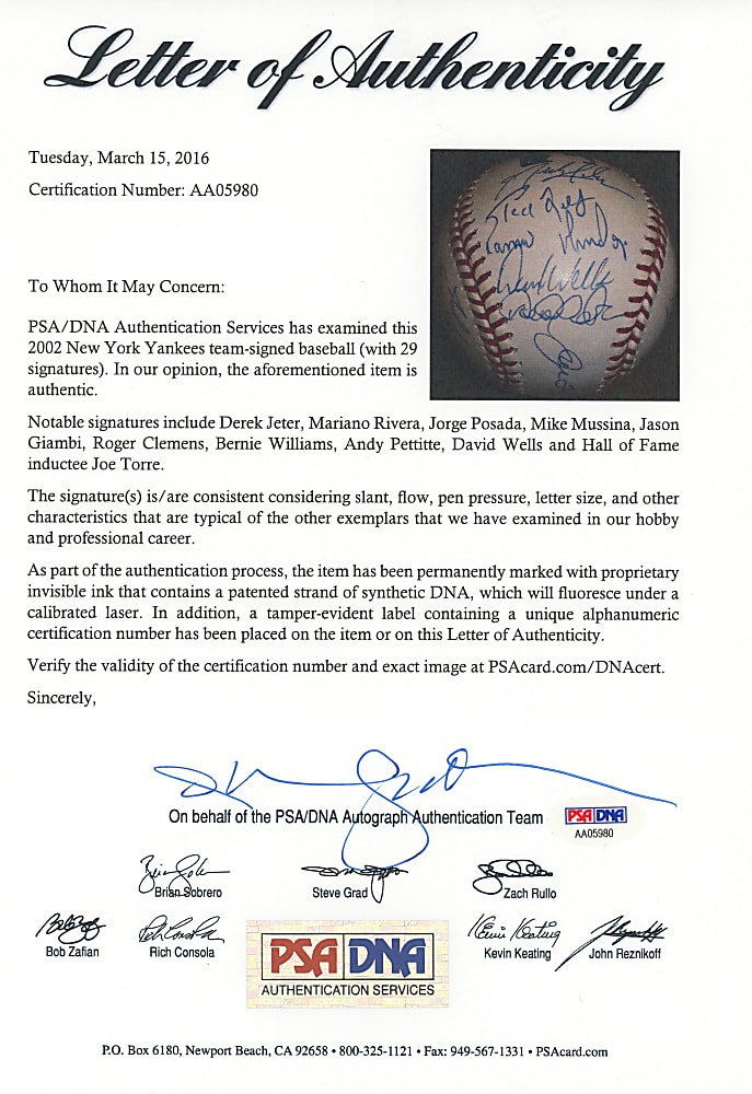 2002 American League East Champions New York Yankees Team-Signed Baseball with (29) Signatures Including Jeter, Rivera, Posada, Mussina Plus Full PSA LOA
