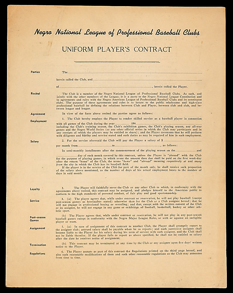 1940s Negro National League Uniform Player's Contract from the Richard Powell Collection