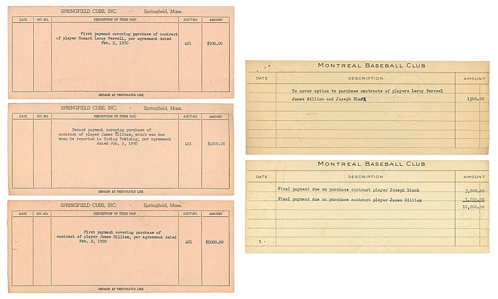 1950 Springfield Cubs and Montreal Royals Contract Purchase Payment Stubs (5) for Negro League Baltimore Elite Giants Jim Gilliam, Joe Black & "Toots" Ferrel