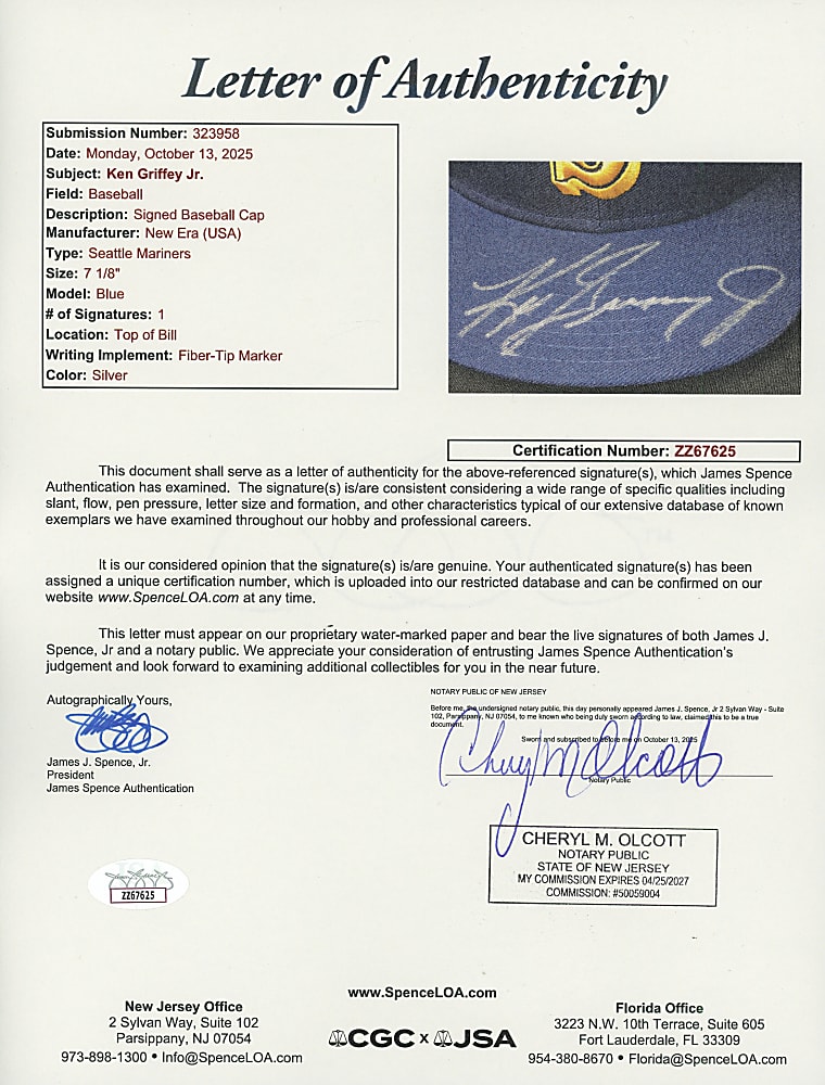 Ken Griffey Jr. Signed Pair with 8x10 Photo & Hat