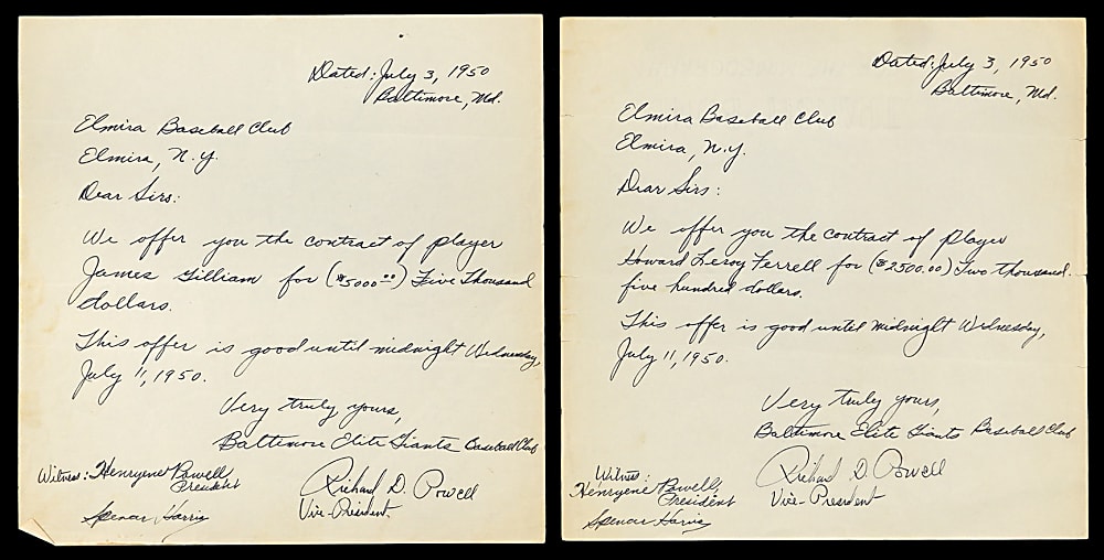 1950 Jim Gilliam & Toots Ferrell Player Contract Rights Offer Letters from Richard Powell (Baltimore Elite Giants/Negro Leagues) to Elmira Pioneers (Dodgers Affiliate)