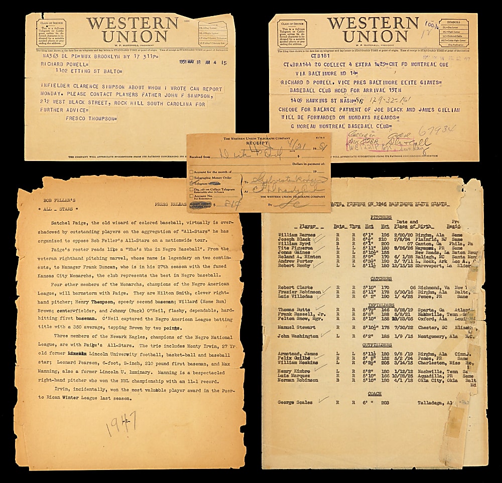 1946-1951 Negro Leagues Official Ephemera from Richard Powell Collection (7 Total Pages) with Telegrams, Paige Content Including Many Future Major Leaguers