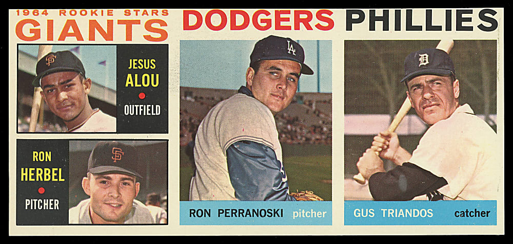 1964 Topps 3-Card Salesman Sample Panel with #50 Mickey Mantle Back - Giants Rookie/Perranoski/Triandos