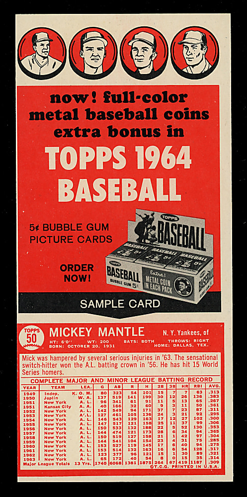 1964 Topps 3-Card Salesman Sample Panel with #50 Mickey Mantle Back - Giants Rookie/Perranoski/Triandos