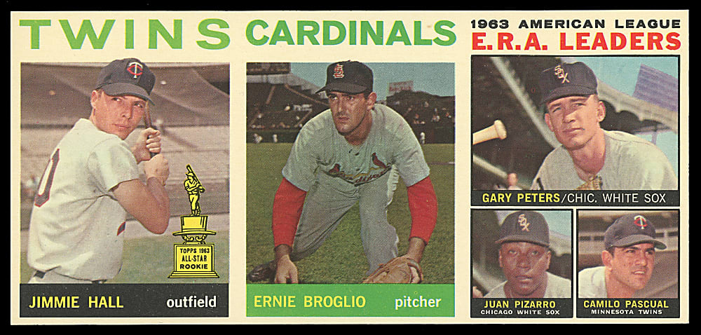 1964 Topps 3-Card Salesman Sample Panel with #50 Mickey Mantle Back - A.L. E.R.A. Leaders/Broglio/Hall