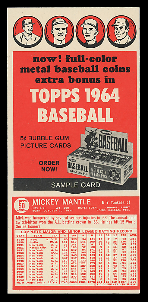 1964 Topps 3-Card Salesman Sample Panel with #50 Mickey Mantle Back - A.L. E.R.A. Leaders/Broglio/Hall