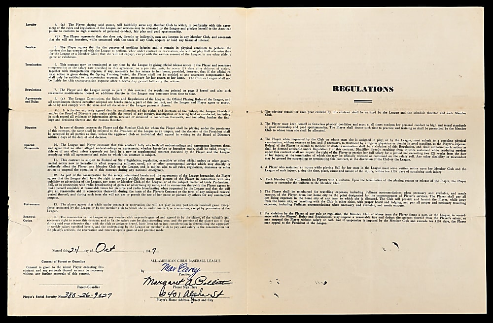 1947 Rockford Peaches Contract Signed by Alice Pollitt & Max Carey with Full JSA LOA