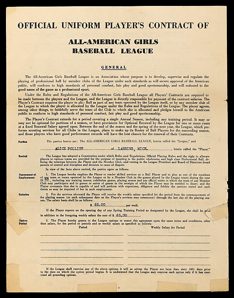 1947 Rockford Peaches Contract Signed by Alice Pollitt & Max Carey with Full JSA LOA