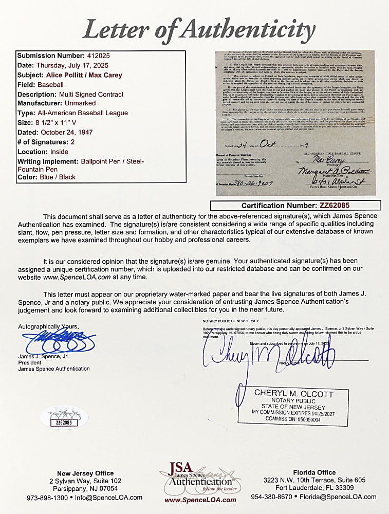 1947 Rockford Peaches Contract Signed by Alice Pollitt & Max Carey with Full JSA LOA