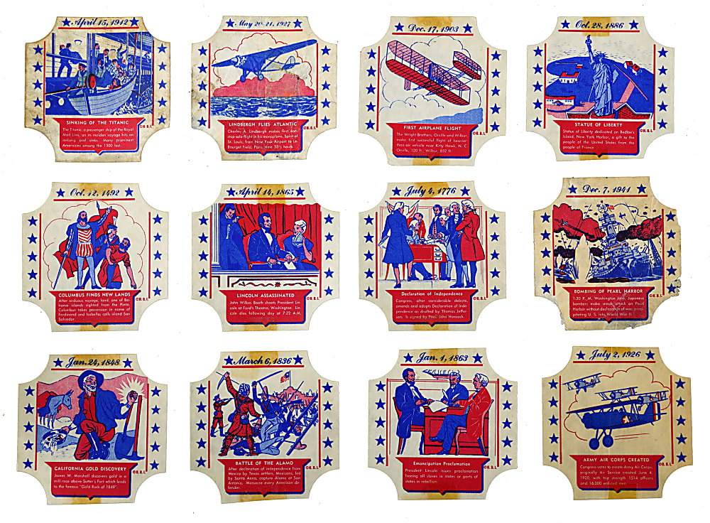 1950s H.B.I. Famous Events In American History Series 1 Bread Labels (47) with Lincoln, Lindberg & Titanic - Very Clean & Rare Issue!