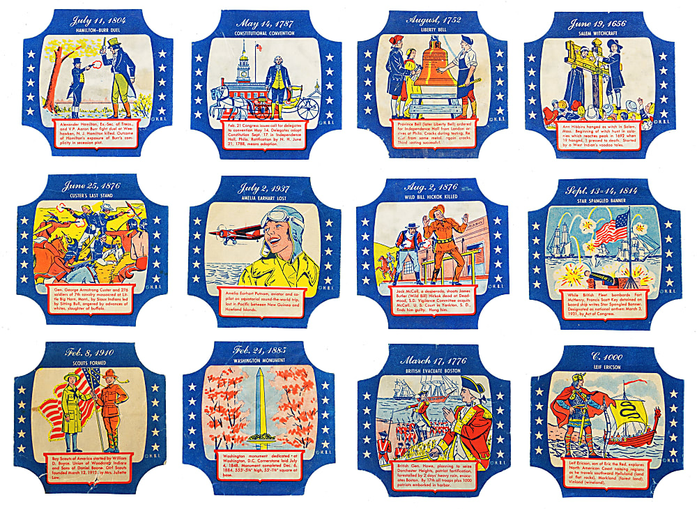1950s H.B.I. Famous Events In American History Series 2 Bread Labels (63) with Amelia Earhart - Clean, Very Rare Issue