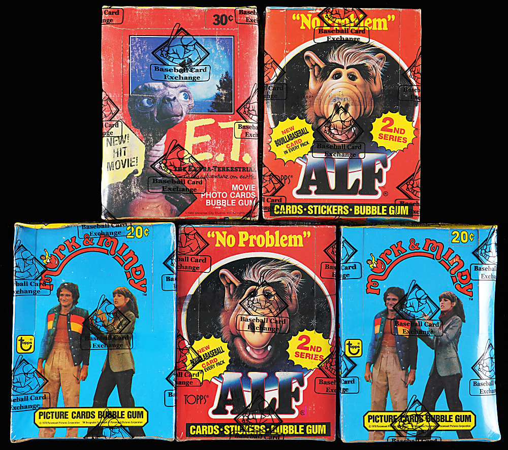 1978-1987 Topps Comedic Alien Unopened Wax Box Group (5) - All BBCE with Alf, E.T. & Mork & Mindy