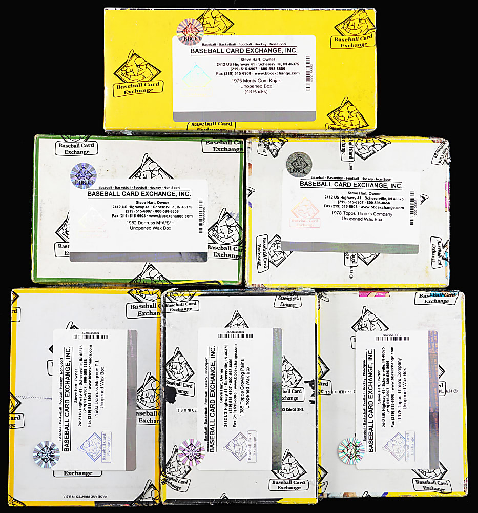 1975-1988 Popular Television Show Unopened Wax Box Collection (6) - All BBCE with (2) Three's Company & Kojak